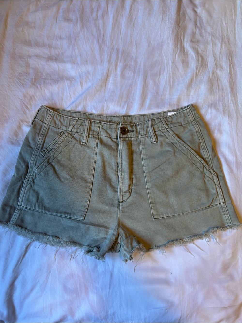American Eagle Outfitters Sage Green Frayed-Hem Jean Shorts